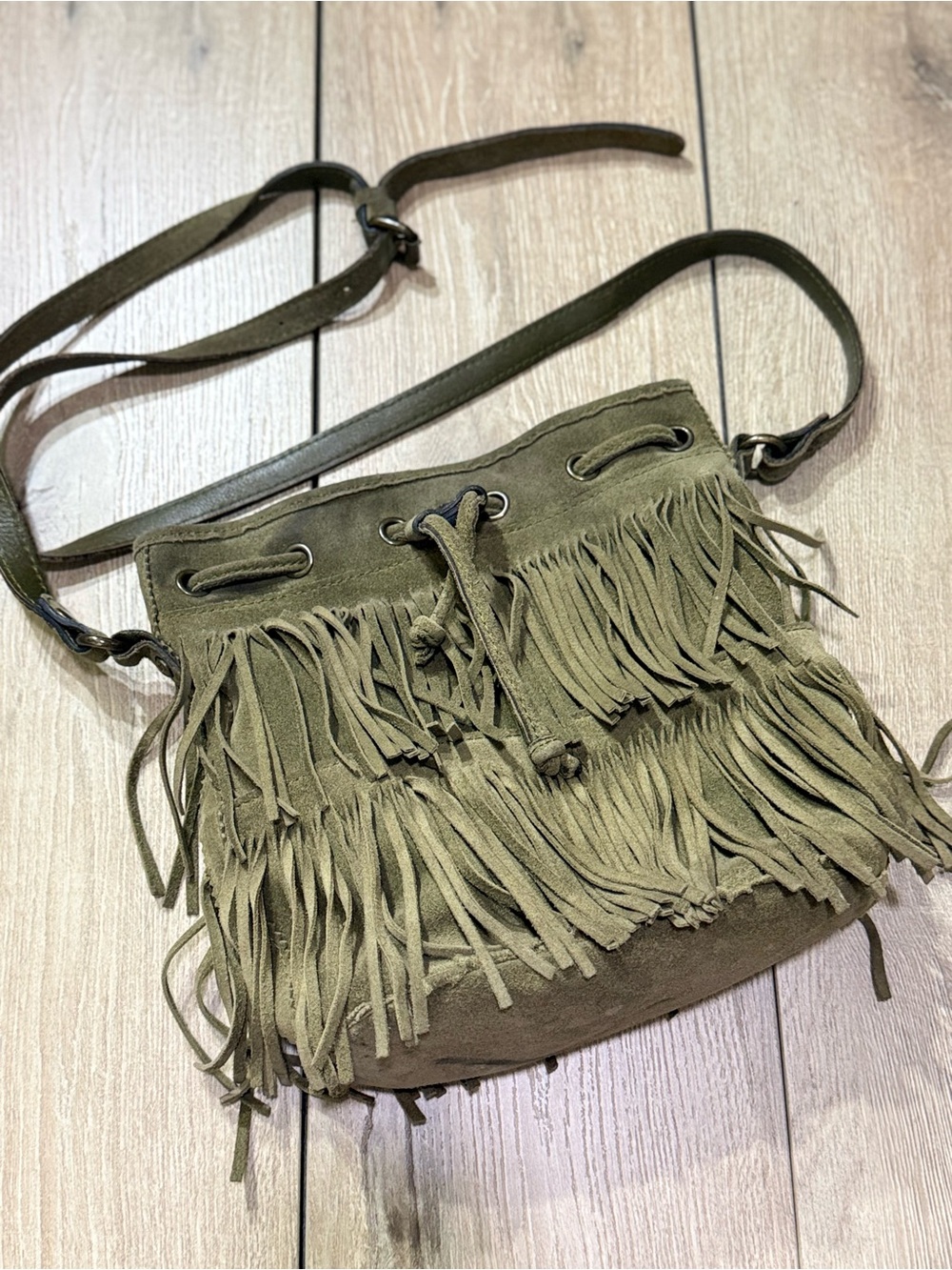 Patricia Nash Crossbody Boho Suede Fringe Bucket Bag Olive Green - Picture 8 of 16